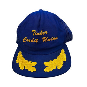 Vintage 1970s Mens Snapback Trucker Hat Blue Yellow Oak Leaf Tinker Credit Union